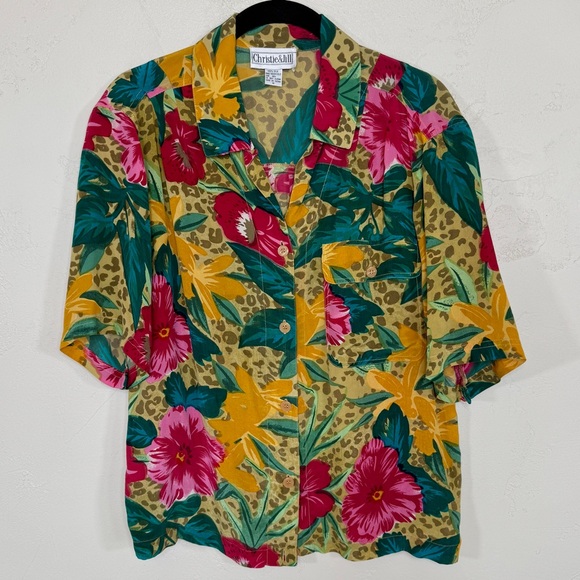 Vintage Tops - Vintage Christie & Jill 100% Silk Cheetah Floral Print Short Sleeve Button Down